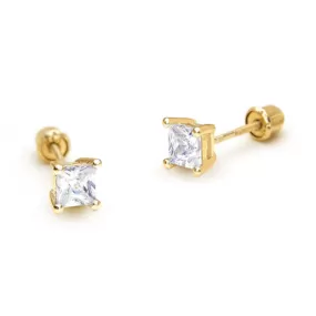 14k Gold Princess Cut 3mm CZ Studs Baby Children Screw Back Earrings