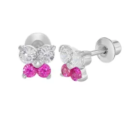 18k White Gold Plated White and Pink CZ Butterflies Baby Children Screw Back Earrings