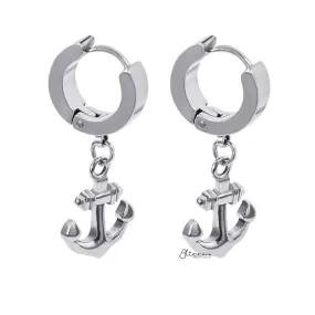 Anchor Dangle Huggie Hoop Earrings - Silver