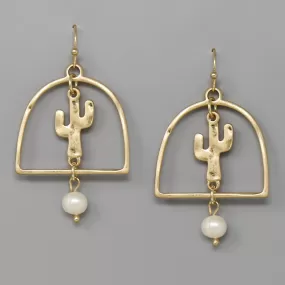 Cactus And Pearl Charm Hammered Metal Earrings