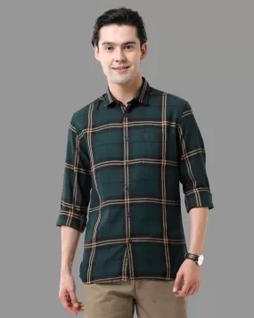 CP BRO Men's Cotton Full Sleeve Checked Slim Fit Polo Neck Green Color Woven Shirt | Sbn2-75 A