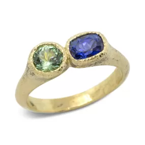 Duo Signet Ring with mint green tourmaline and elongated oval sapphire