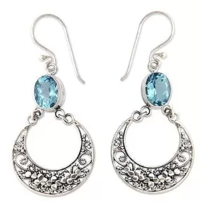 Ethnic Vintage Thai Silver with Ocean Blue Topaz Drop Earrings - 925 Sterling Silver