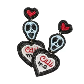 Felt Back Beaded Heart Skull Call Me Message Dangle Earrings