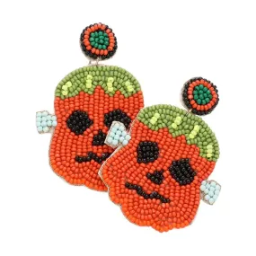 Felt Back Seed Beaded Pumpkin Frankenstein Dangle Earrings