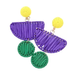 Mardi Gras Raffia Half Moon Circle Dangle Earrings