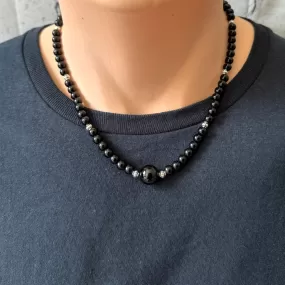 Mens Black Onyx 6mm and Silver Beaded Necklace