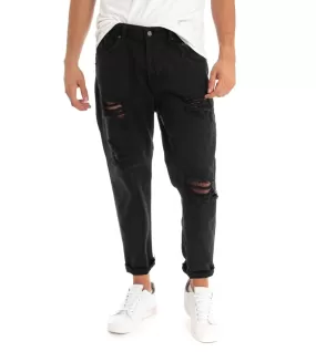 Pantaloni Jeans Uomo Loose Fit Nero Con Rotture Cinque Tasche Casual GIOSAL-P3278A