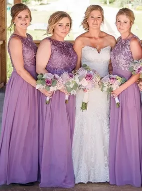 Round Neck Floor Length Purple Chiffon Bridesmaid Dress