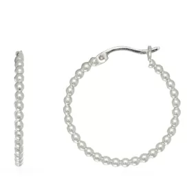 Sterling Silver Rhodium Plated Beaded Tube Round Hoop Earrings