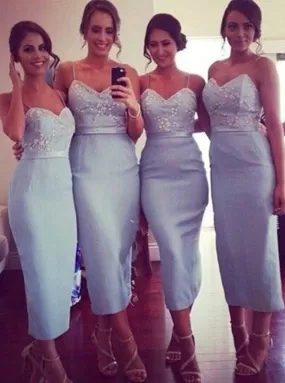 Trendy Spaghetti Straps Sheath Light Blue Bridesmaid Dress